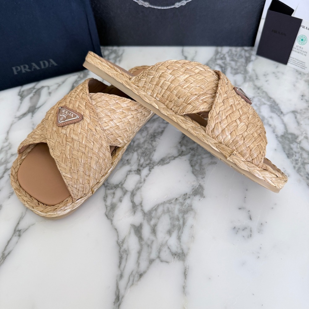 Prada Mens Woven Raffia Strap Slide Sandals Tan UK 7, 2X3142 - Picture 10 of 13